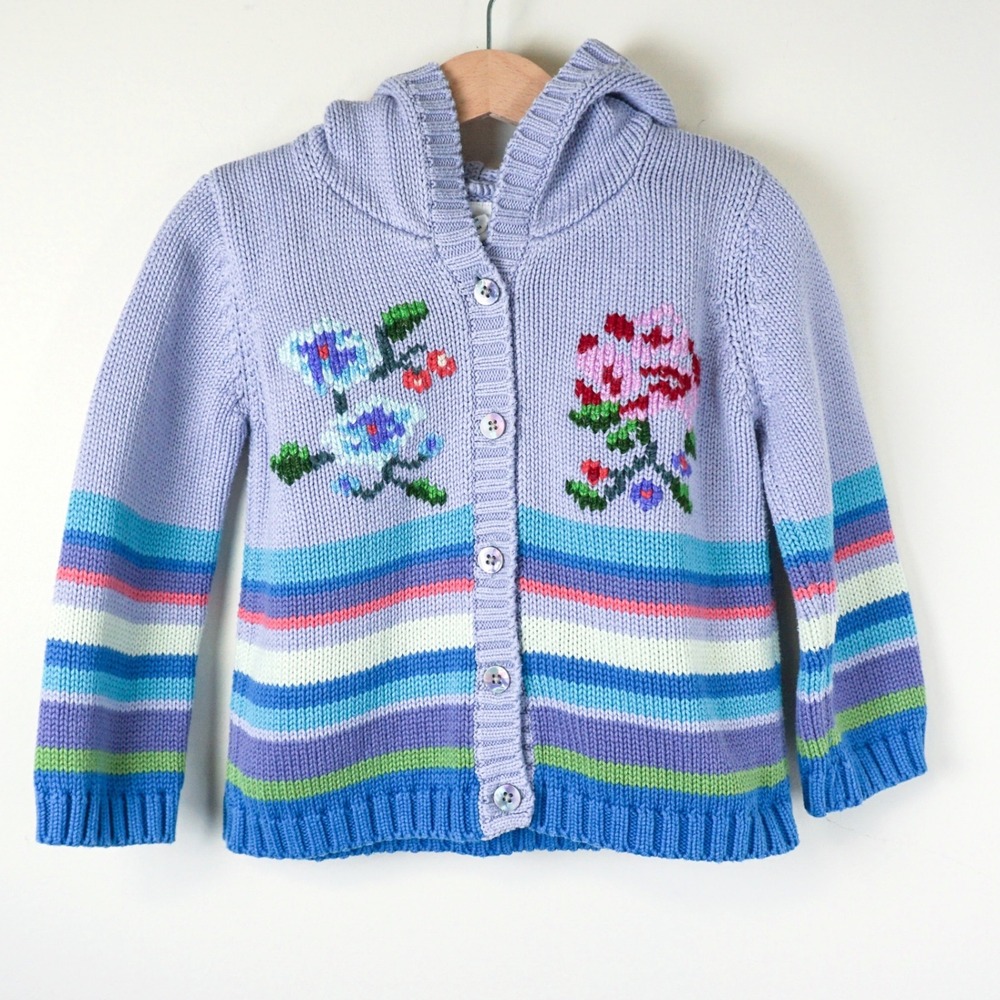 Vintage Y2K Baby Gap Hooded Knit Cardigan Kids 4 Purple Floral Striped Pom Pom